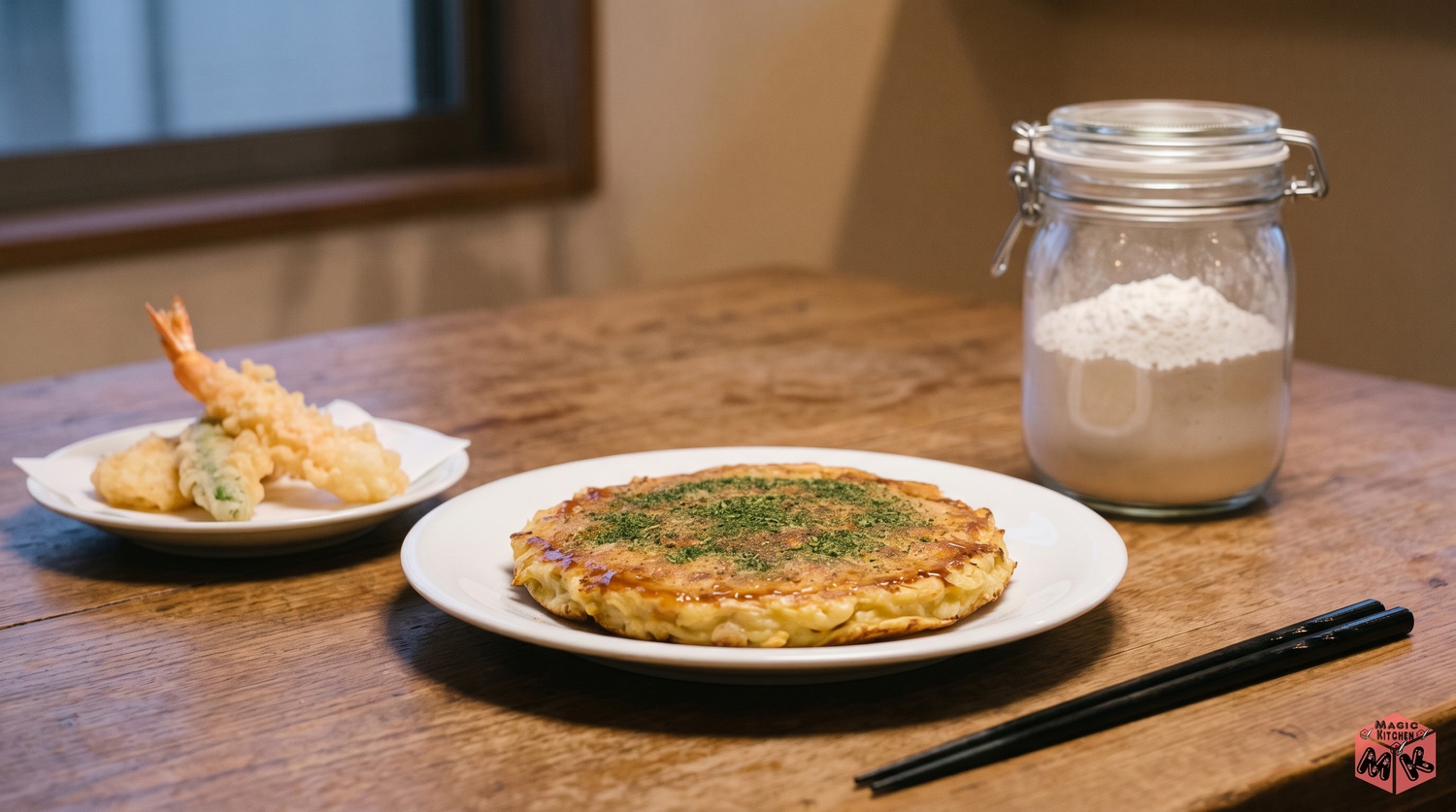 天ぷらとお好み焼きの粉もの料理の食卓イメージ