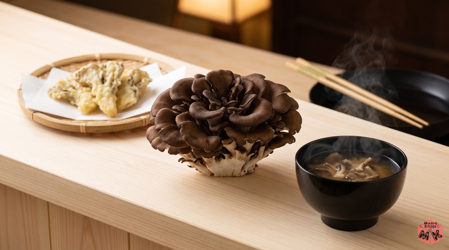 まいたけの株と天ぷらと味噌汁の秋の食卓イメージ