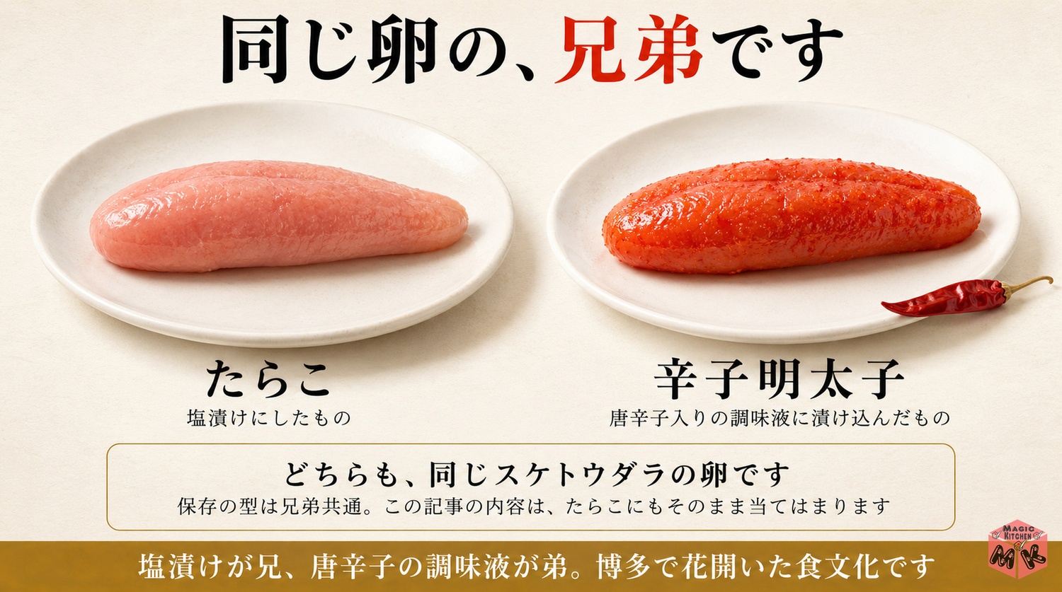 たらこと明太子は同じスケトウダラの卵の兄弟という図解