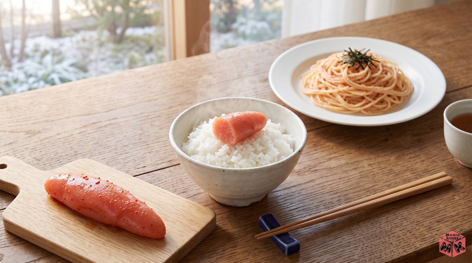 明太子と白ご飯と明太子パスタの食卓イメージ