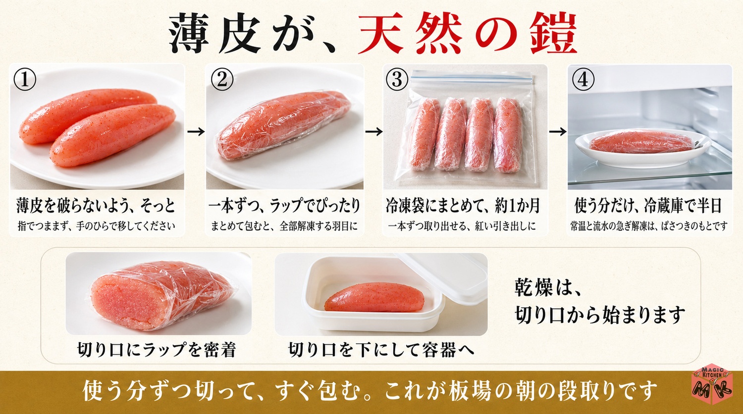 明太子を一本ずつラップで包んで冷凍する工程図