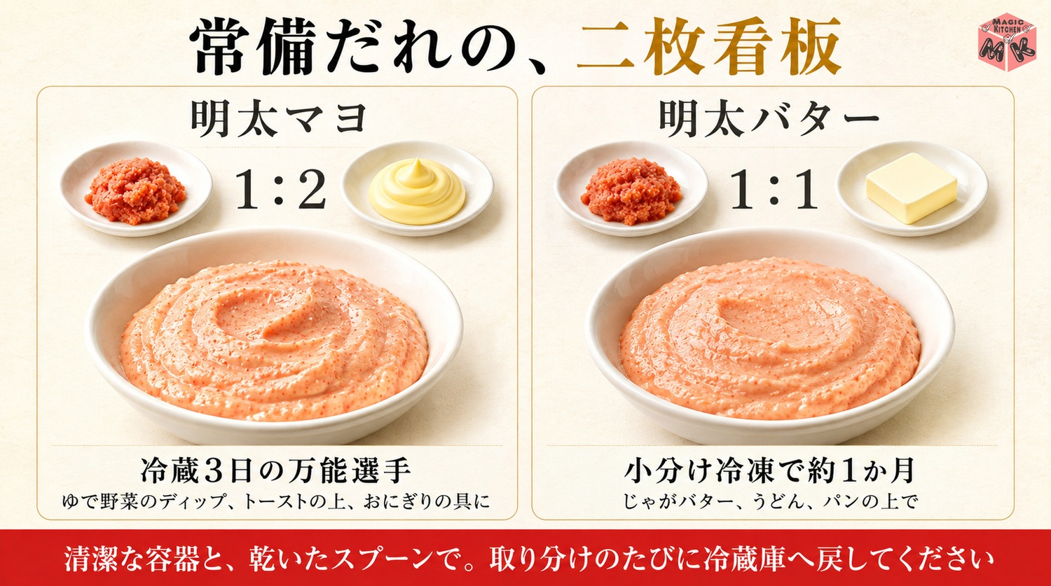 明太マヨ1対2と明太バター1対1の常備だれの図解