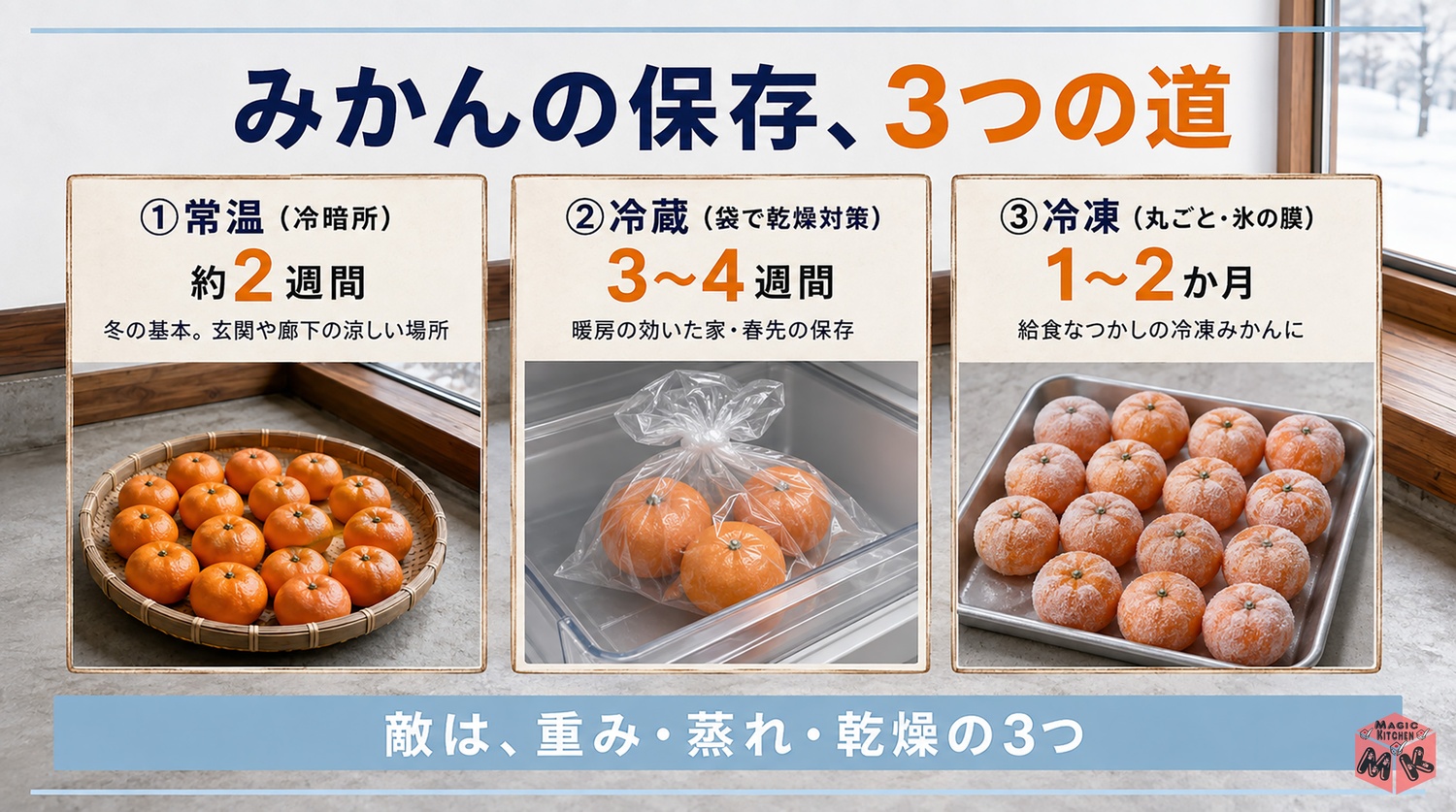 みかんの保存期間(常温・冷蔵・冷凍)の早見表の図解