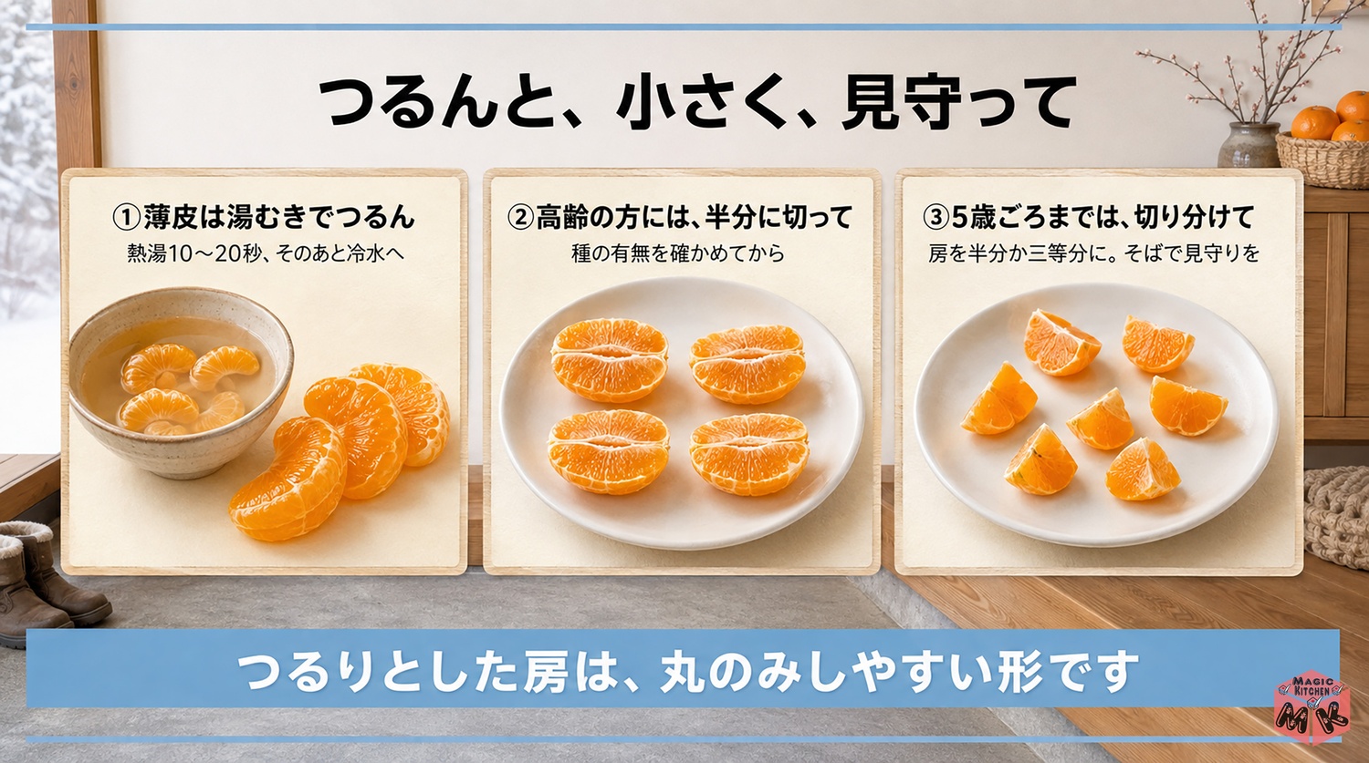 高齢者や子供にやさしいみかんの出し方の図解