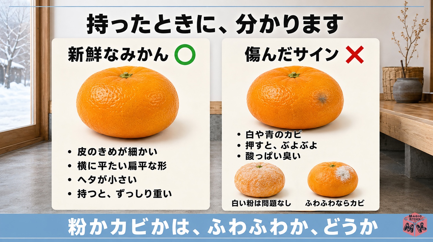 新鮮なみかんと傷んだみかんの見分け方の図解