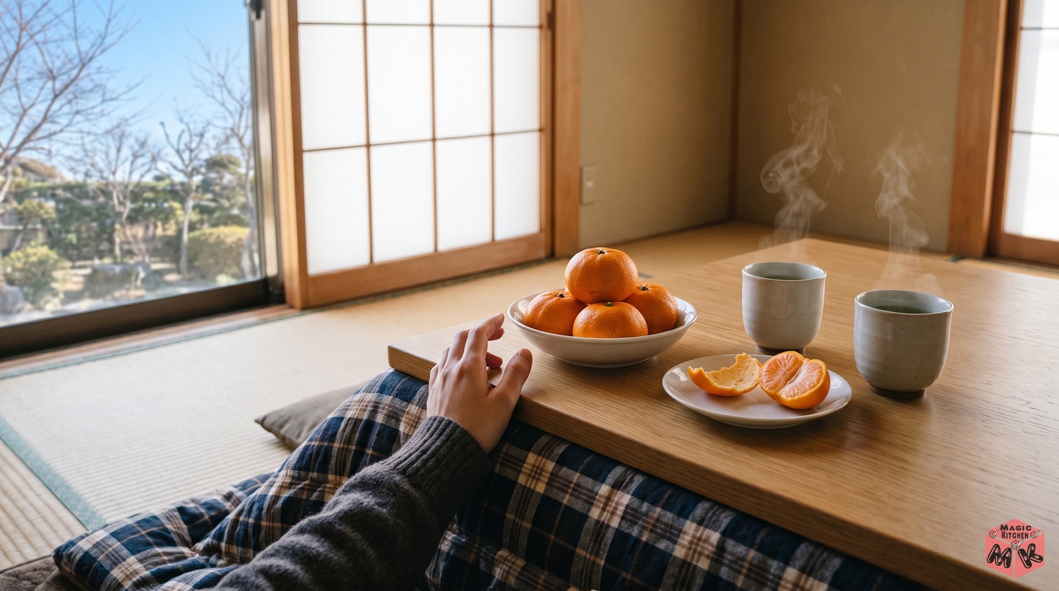 こたつの上のみかんと家族の団らんのイメージ