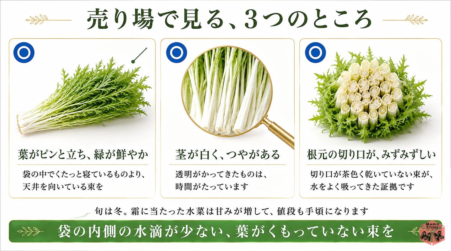 新鮮な水菜の選び方と傷んだサインの図解