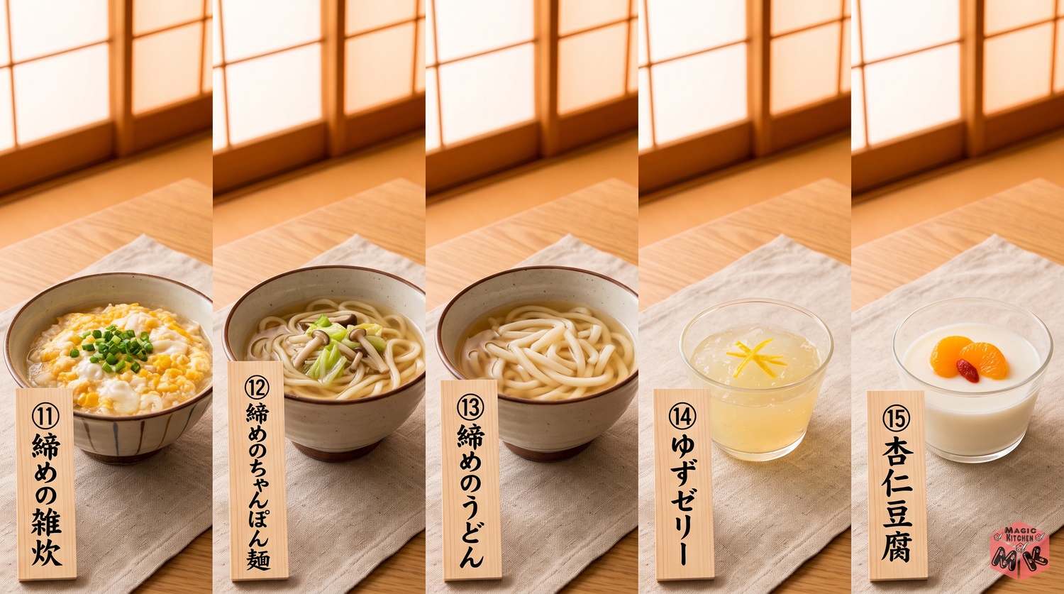 水炊きの締め三兄弟と甘味5品のコラージュ(雑炊・ちゃんぽん麺・うどん・ゆずゼリー・杏仁豆腐)