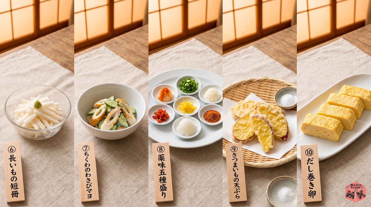 水炊きに合う副菜と薬味ともう一品5品のコラージュ(長いもの短冊・薬味五種盛り・だし巻き卵など)