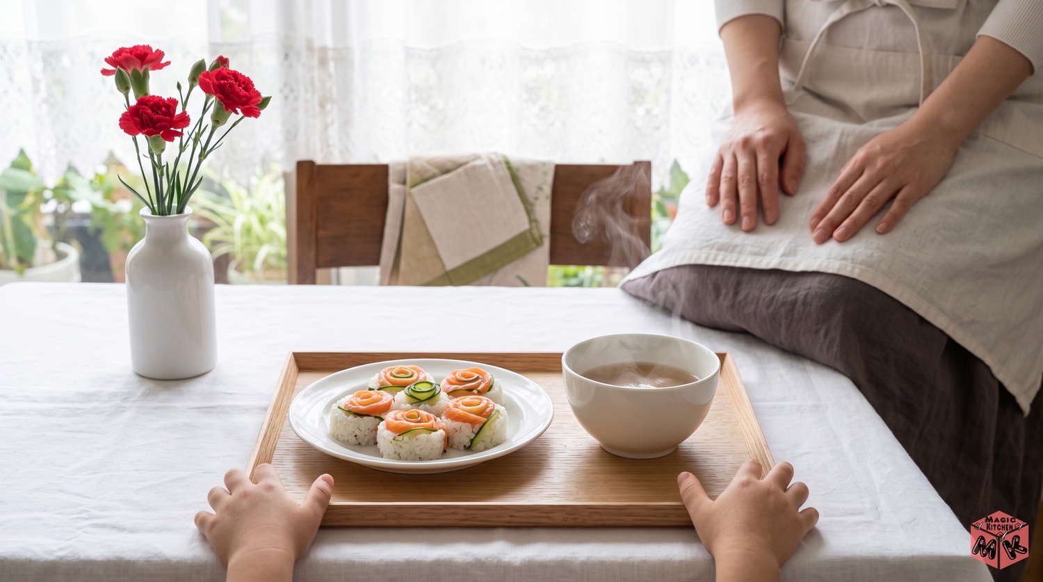 母の日に膳を運ぶ子供の手と座っている母のイメージ