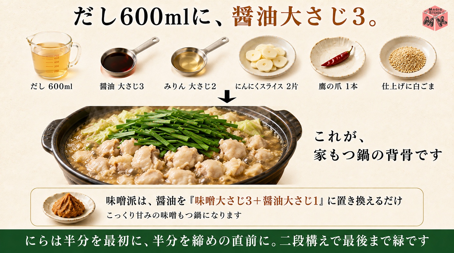 もつ鍋の醤油スープの黄金比の図解