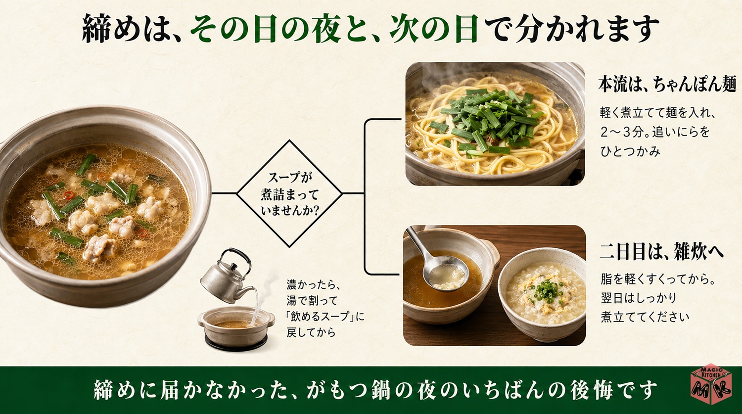 もつ鍋の締めの流儀の図解（ちゃんぽん麺が本流）