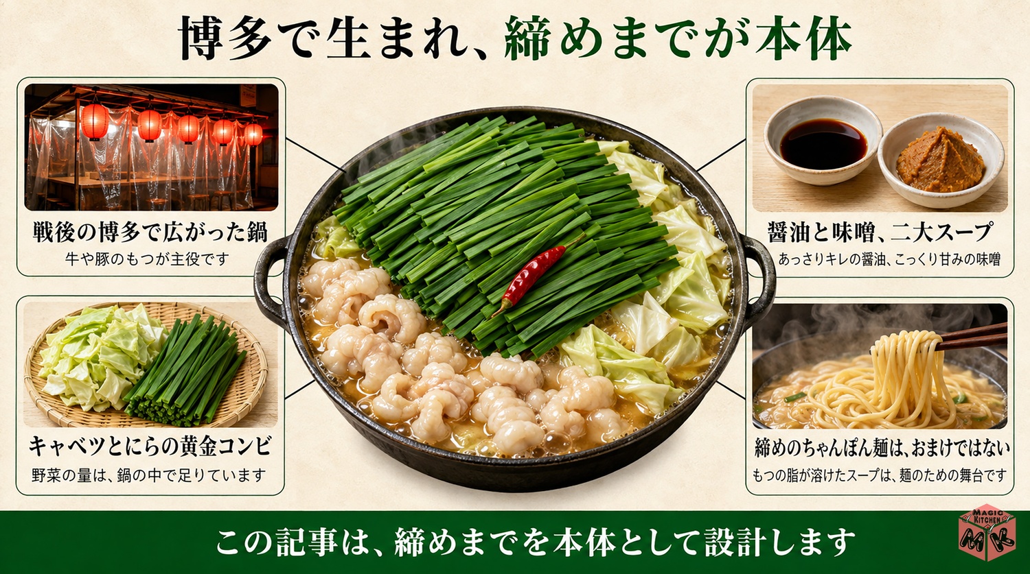 もつ鍋のうんちくの図解（博多生まれ・締めまでが本体）
