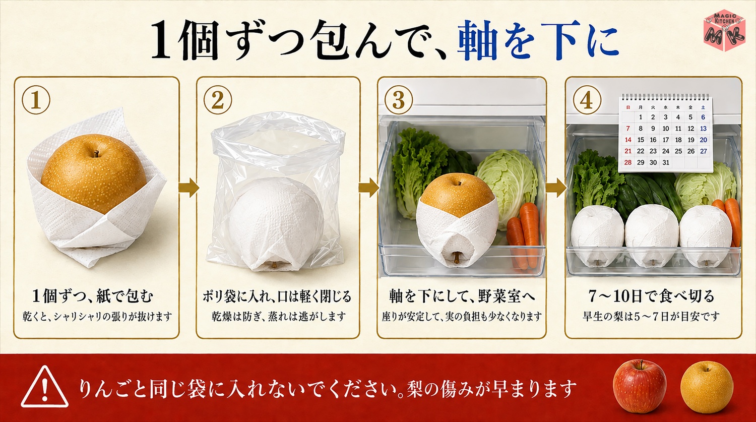 梨を丸ごと保存する型の図解(1個ずつ、軸を下に)