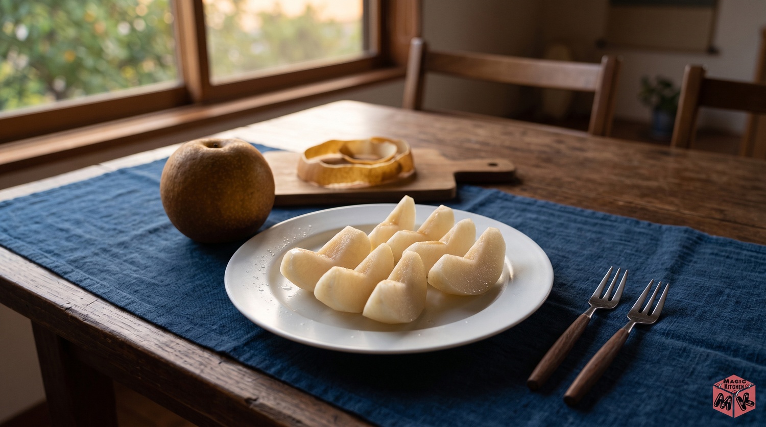梨を食卓に並べたイメージ