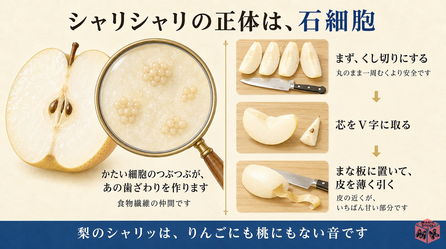 梨の楽しみ方とシャリシャリの科学の図解