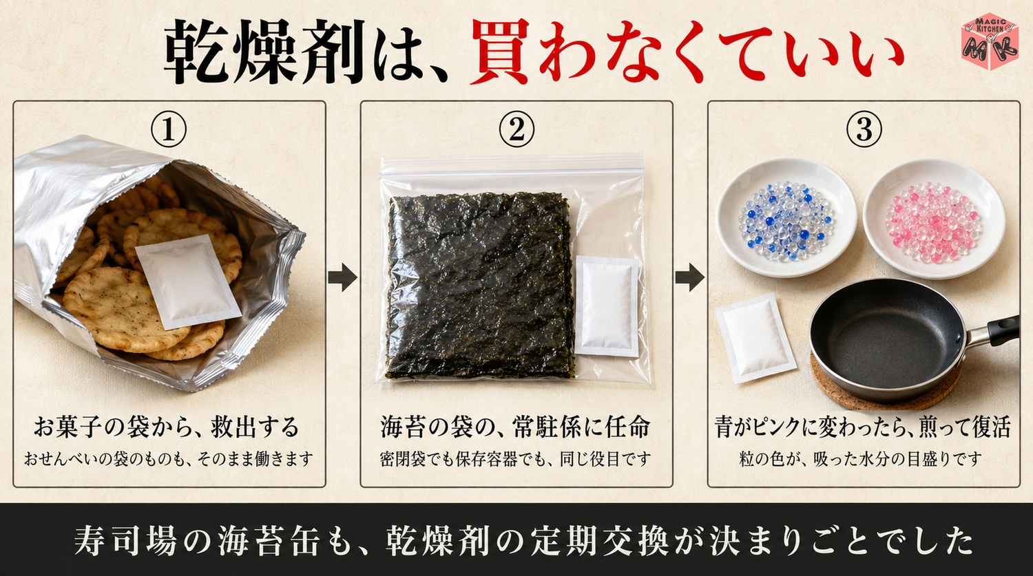 お菓子の袋の乾燥剤を海苔の袋に入れシリカゲルは煎って再利用する図解