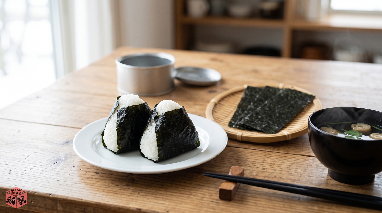 おにぎりと手巻きの海苔の食卓イメージ