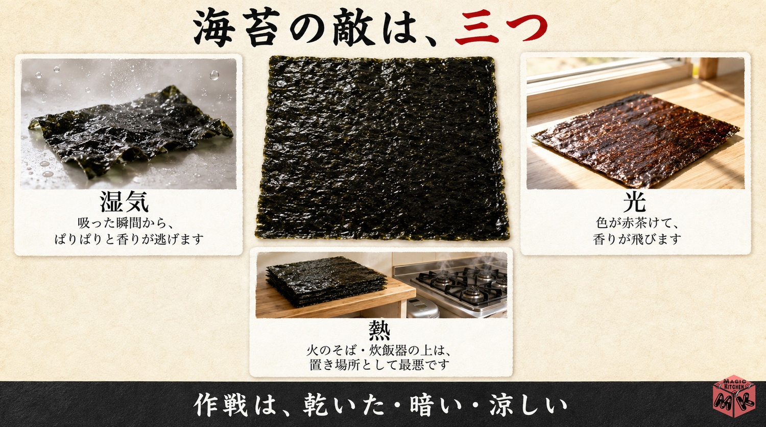 海苔の三大敵は湿気と光と熱という図解