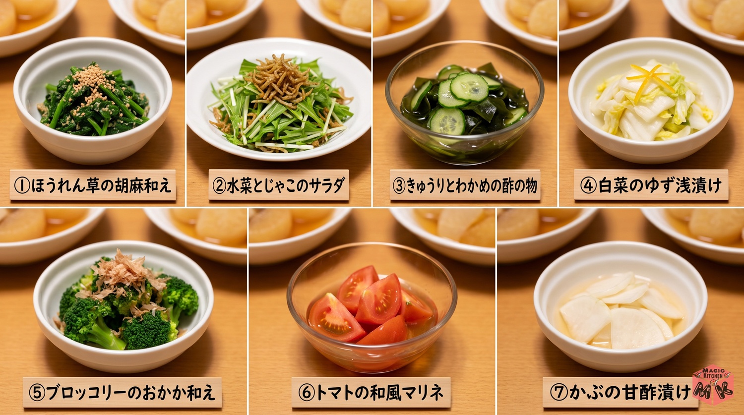 おでんに合う副菜7品のコラージュ(ほうれん草の胡麻和え・水菜とじゃこのサラダなど)