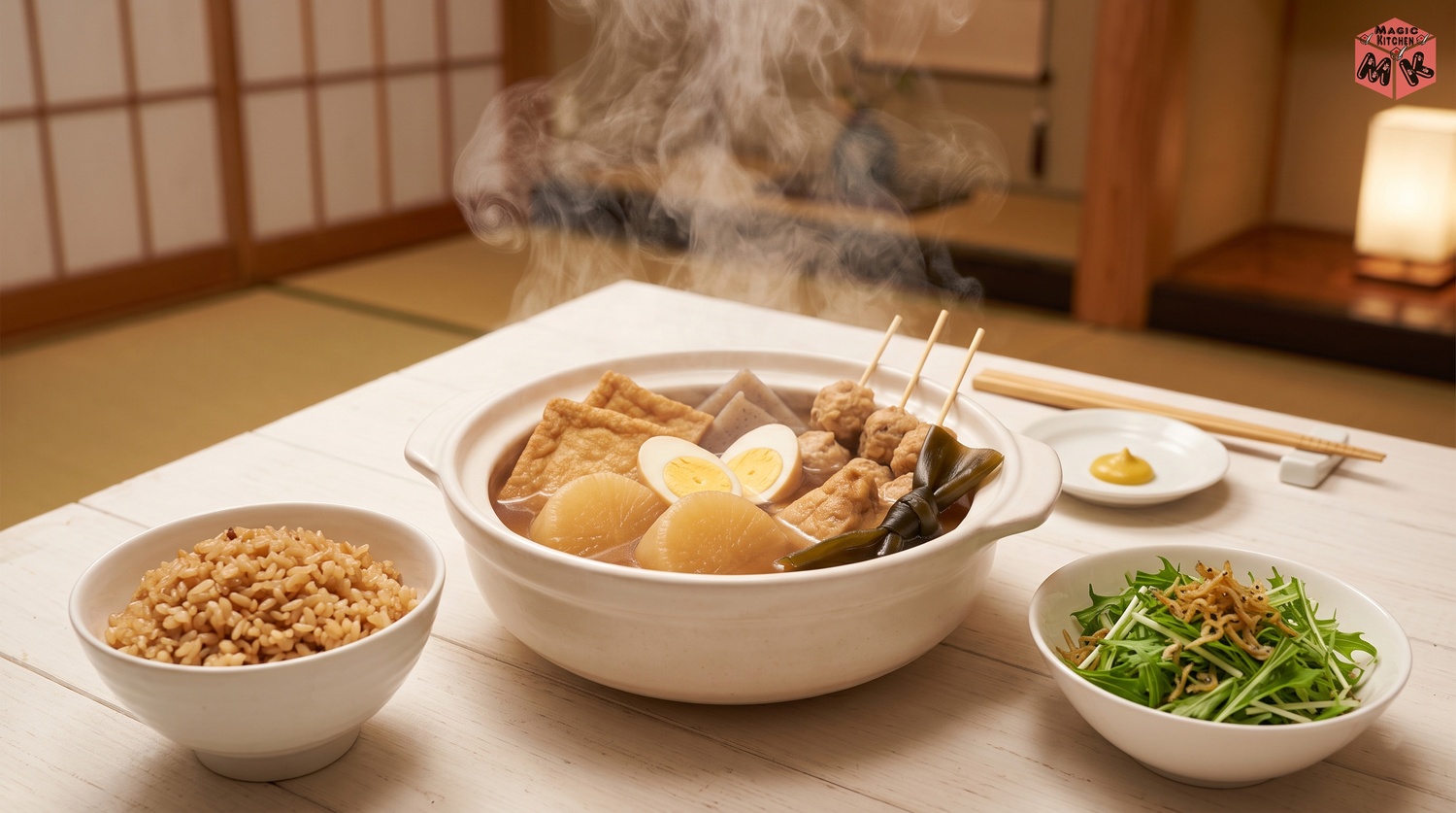 おでんの鍋と献立をならべた食卓のイメージ