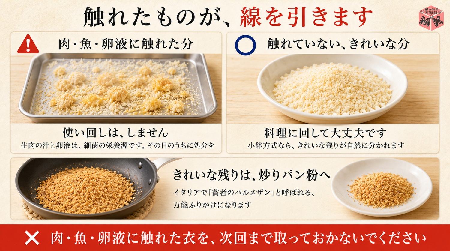 揚げ物の余りパン粉の使い回しNGの線引きの図解
