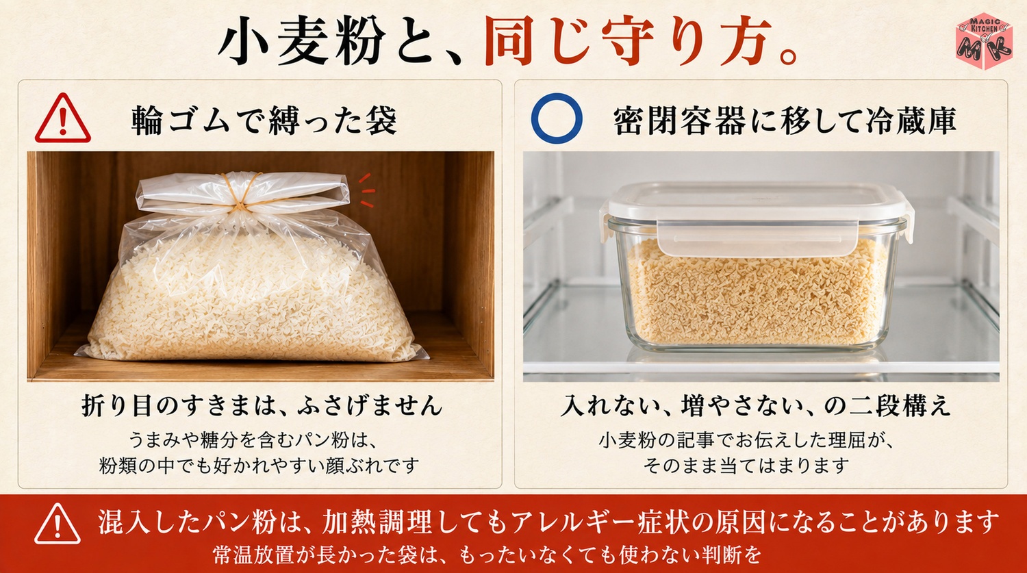 乾燥パン粉のダニ対策は小麦粉と同じ密閉と冷蔵の図解