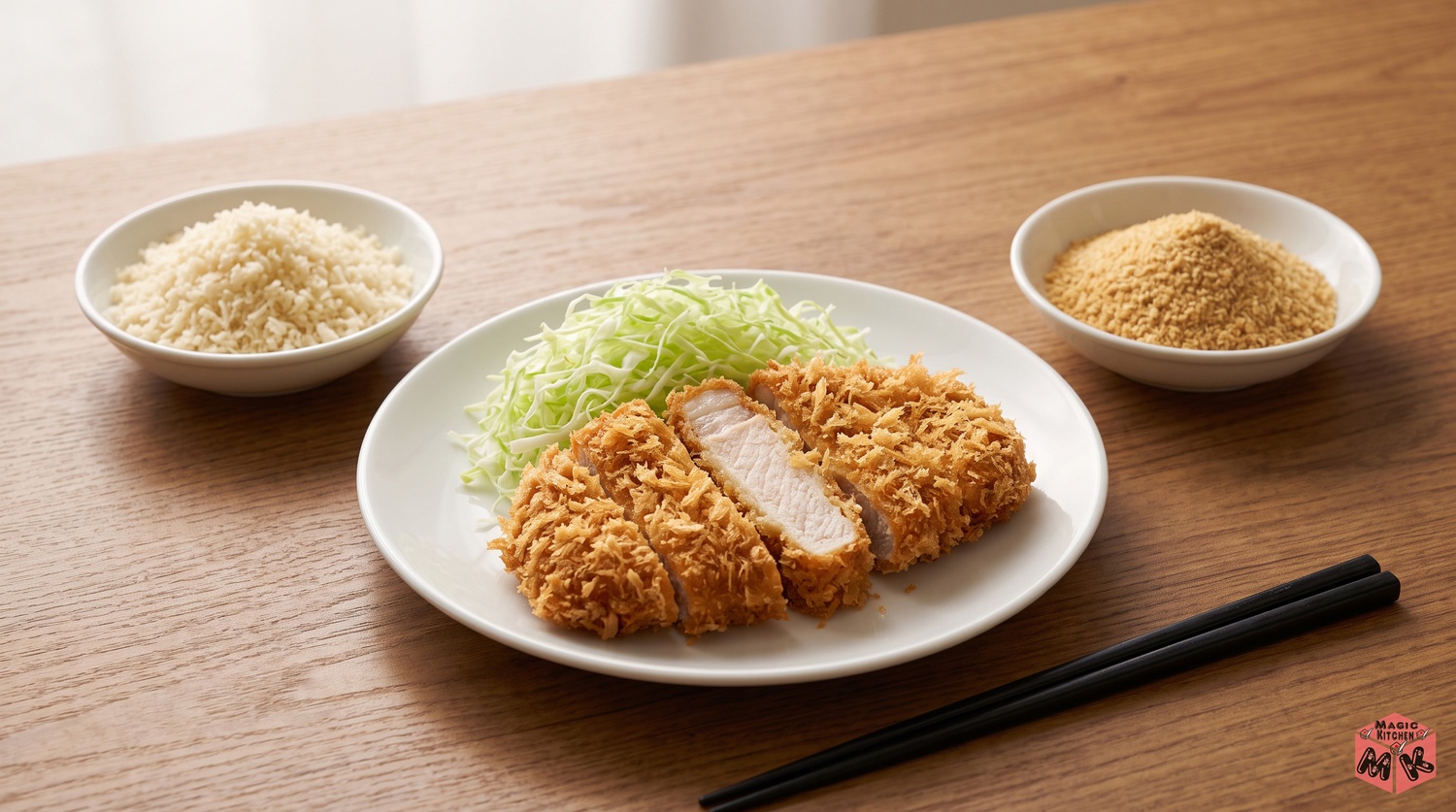 生パン粉と乾燥パン粉ととんかつの食卓イメージ