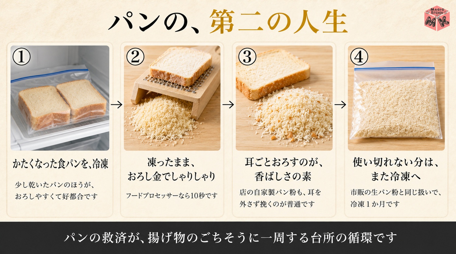 かたい食パンを凍ったままおろして自家製パン粉にする工程図