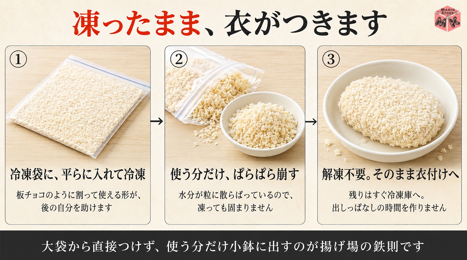 生パン粉を冷凍して凍ったまま衣付けする工程図
