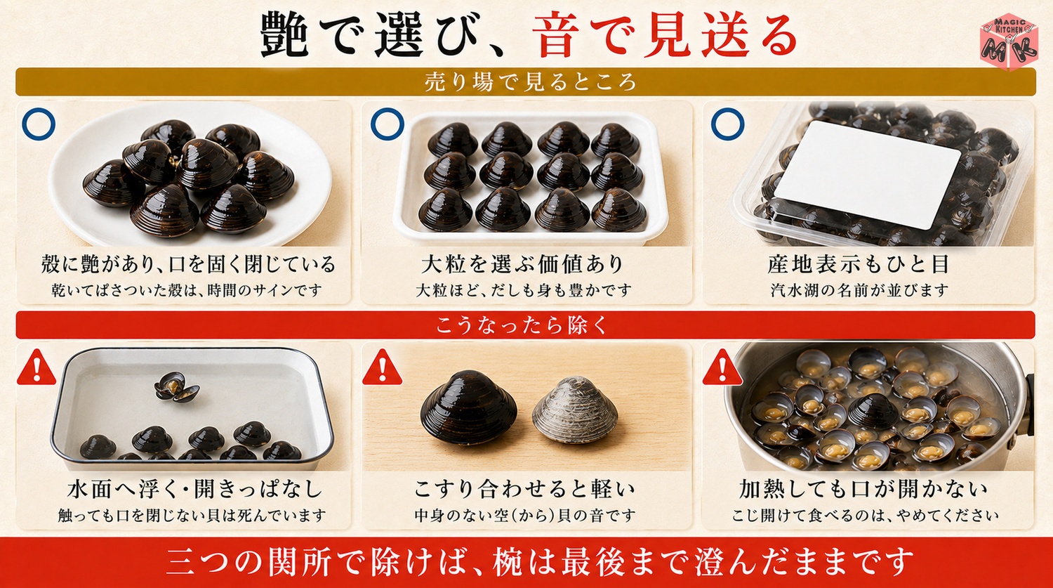 しじみの選び方と死んだ貝の見分け方の図解