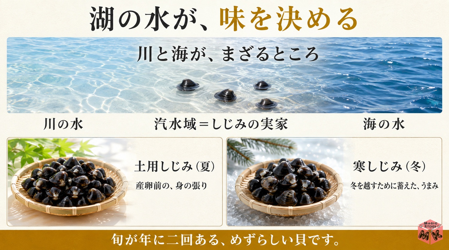 宍道湖や十三湖の汽水域で育つやまとしじみと土用しじみ寒しじみの旬2回の図解