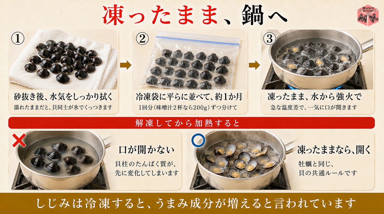 しじみを殻ごと冷凍して凍ったまま鍋に入れる工程図