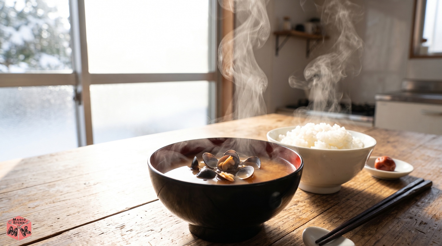 しじみ汁とご飯の朝の食卓イメージ