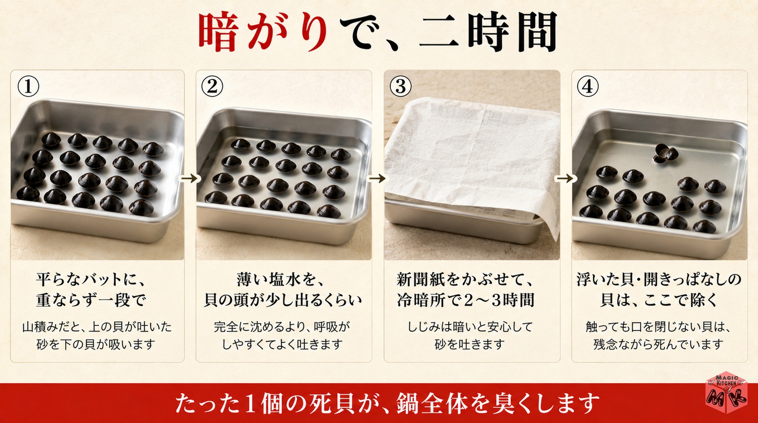 しじみをバットに並べて薄い塩水で砂抜きする工程図
