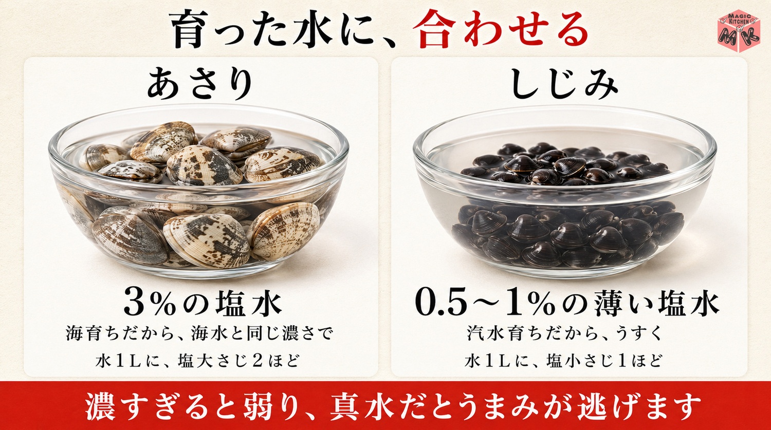 あさりは3%しじみは薄い塩水という砂抜きの対比図解