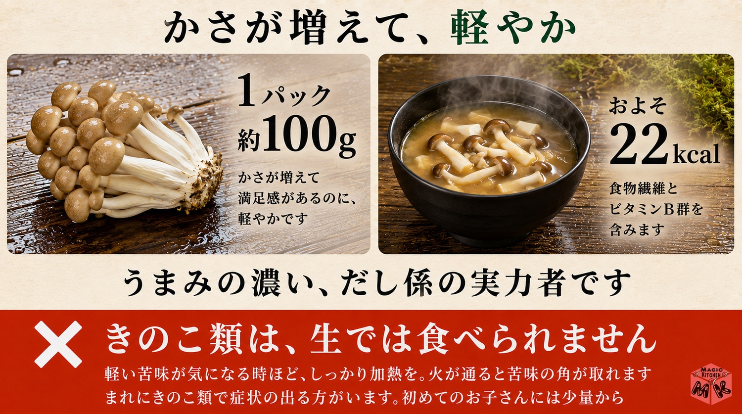 しめじは食物繊維とビタミンB群を含みおよそ22kcalで生食不可という栄養の図解