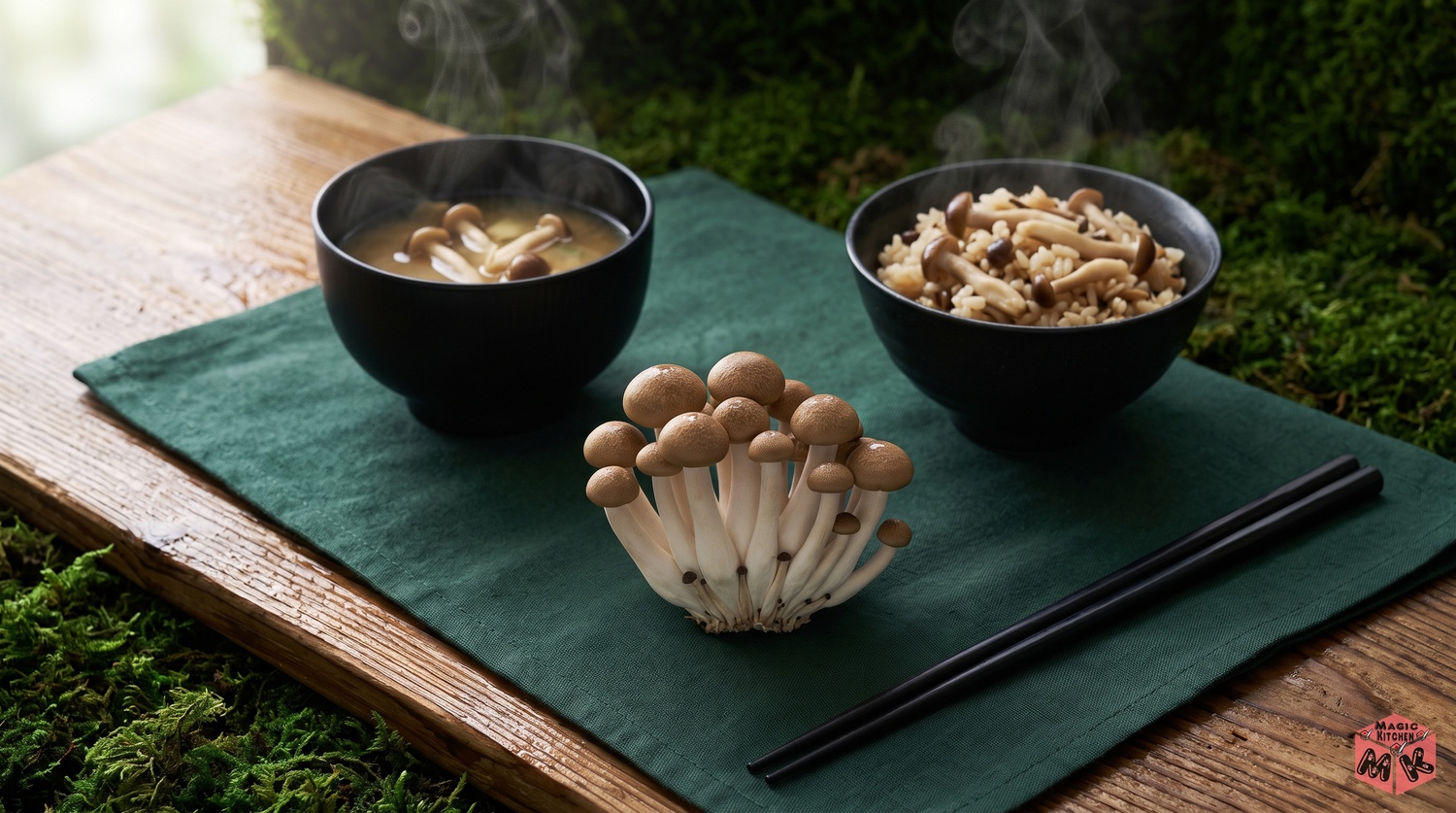 しめじの株と味噌汁と炊き込みご飯の食卓イメージ