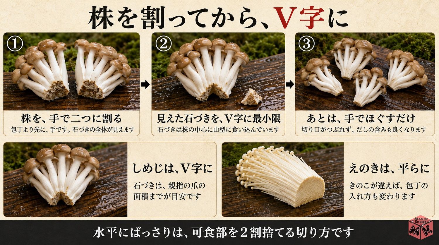 しめじの株を手で割って石づきをV字に取る工程図