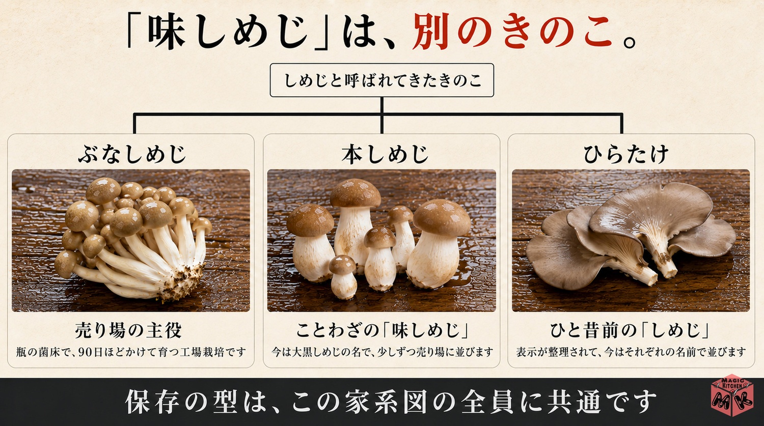 ぶなしめじと本しめじとひらたけの家系図の図解