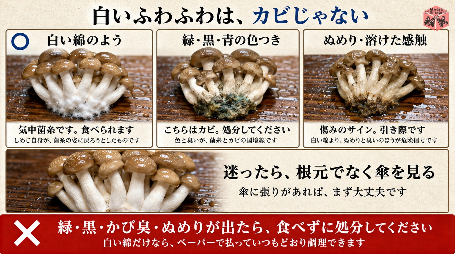 しめじの白いふわふわは気中菌糸でカビとの見分けの図解