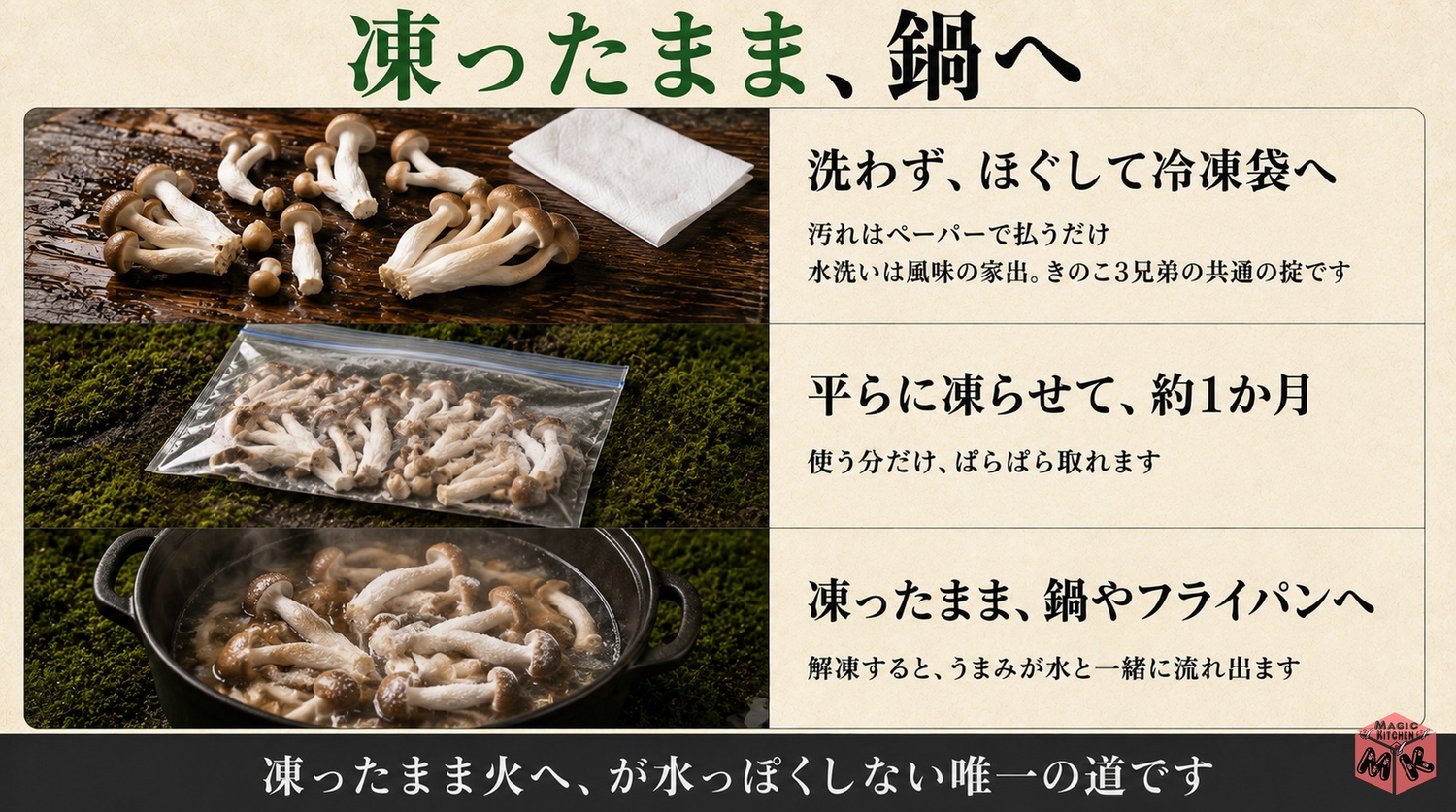 しめじを洗わずほぐして冷凍し凍ったまま調理する工程図