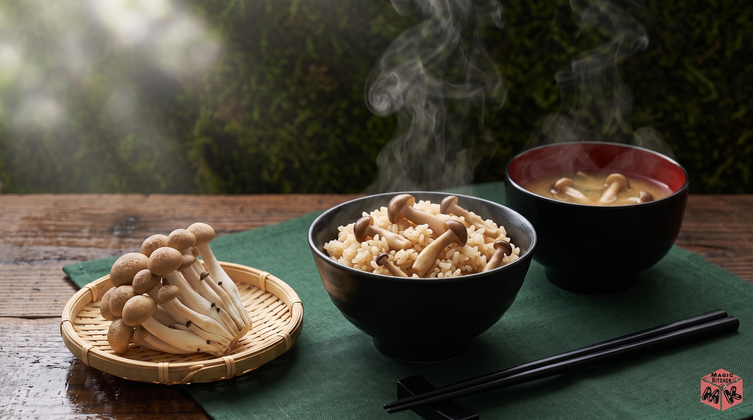 しめじの炊き込みご飯と味噌汁の食卓イメージ