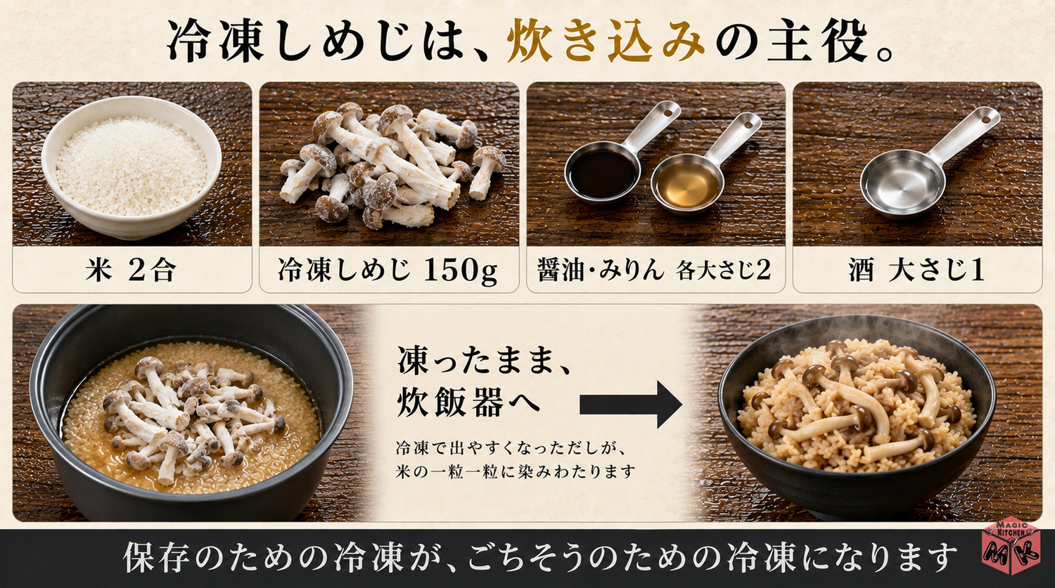 冷凍しめじを凍ったまま炊き込みご飯にする黄金比の図解