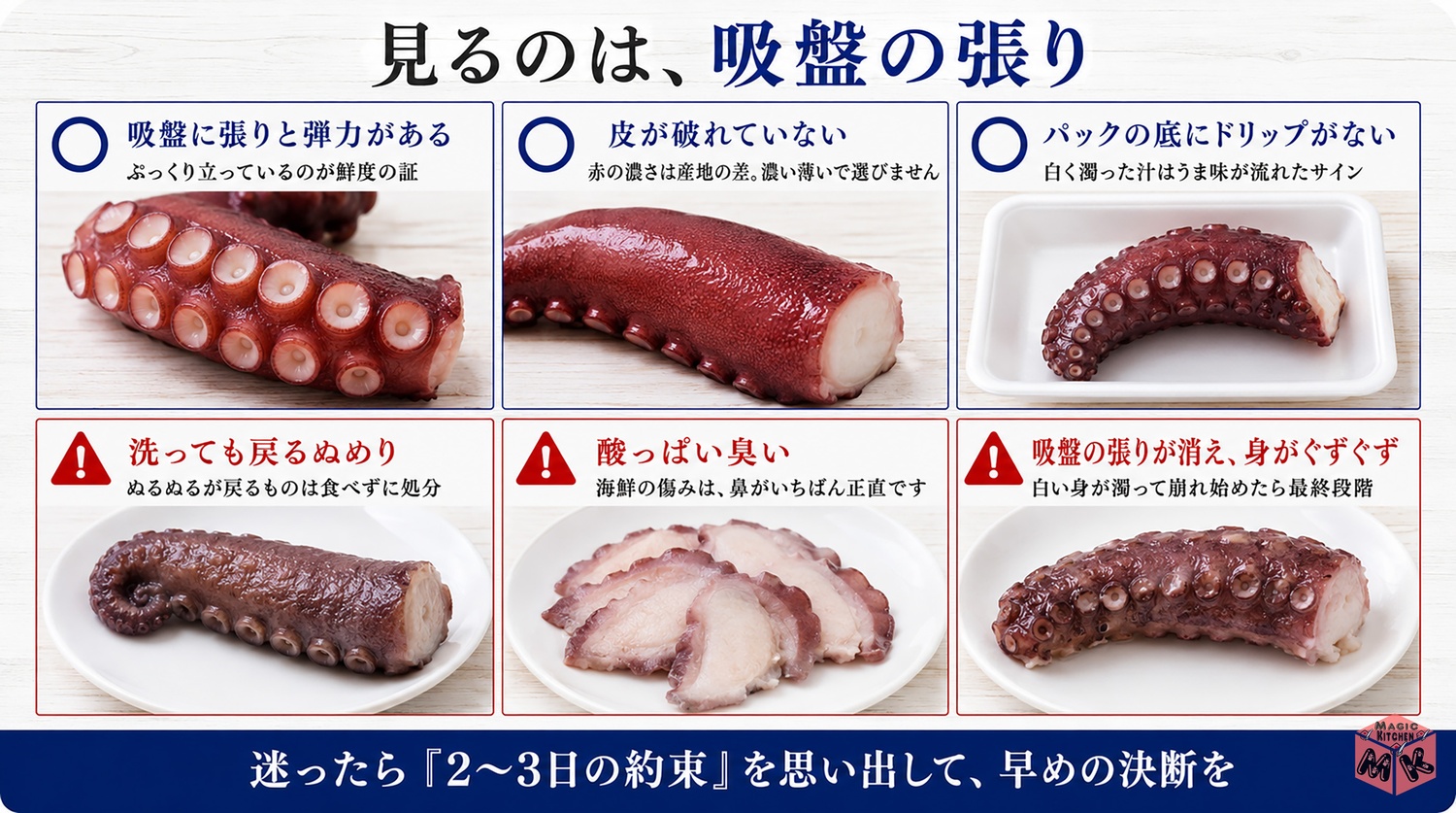 新鮮なたこの選び方と傷んだサインの図解