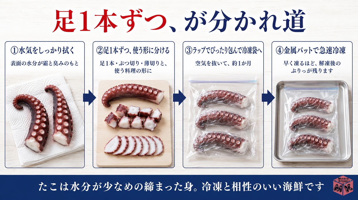ゆでだこを足1本ずつ冷凍する方法の図解