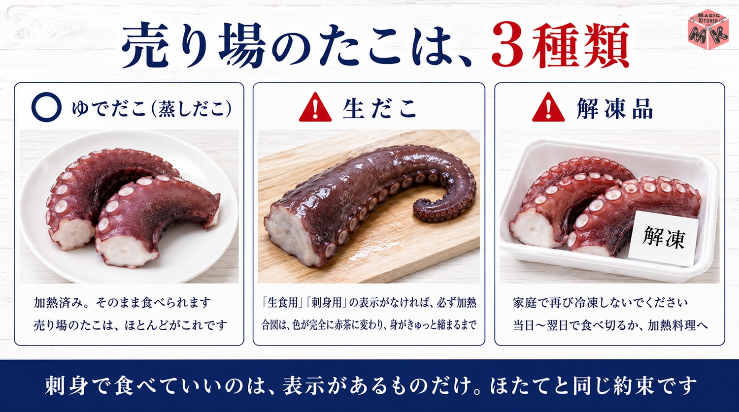 ゆでだこと生だこと表示の整理の図解