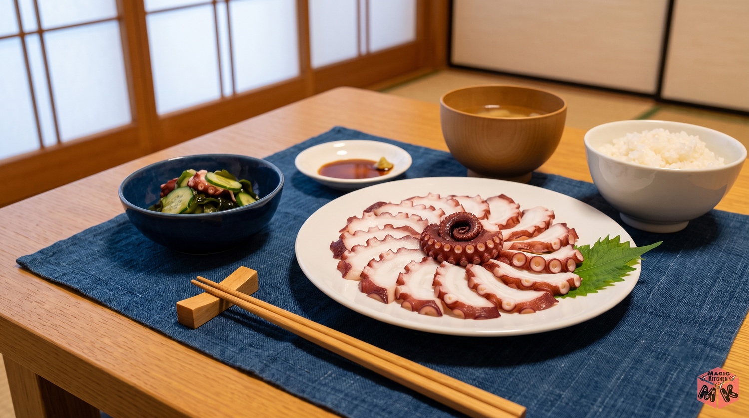 たこの料理を食卓に並べたイメージ