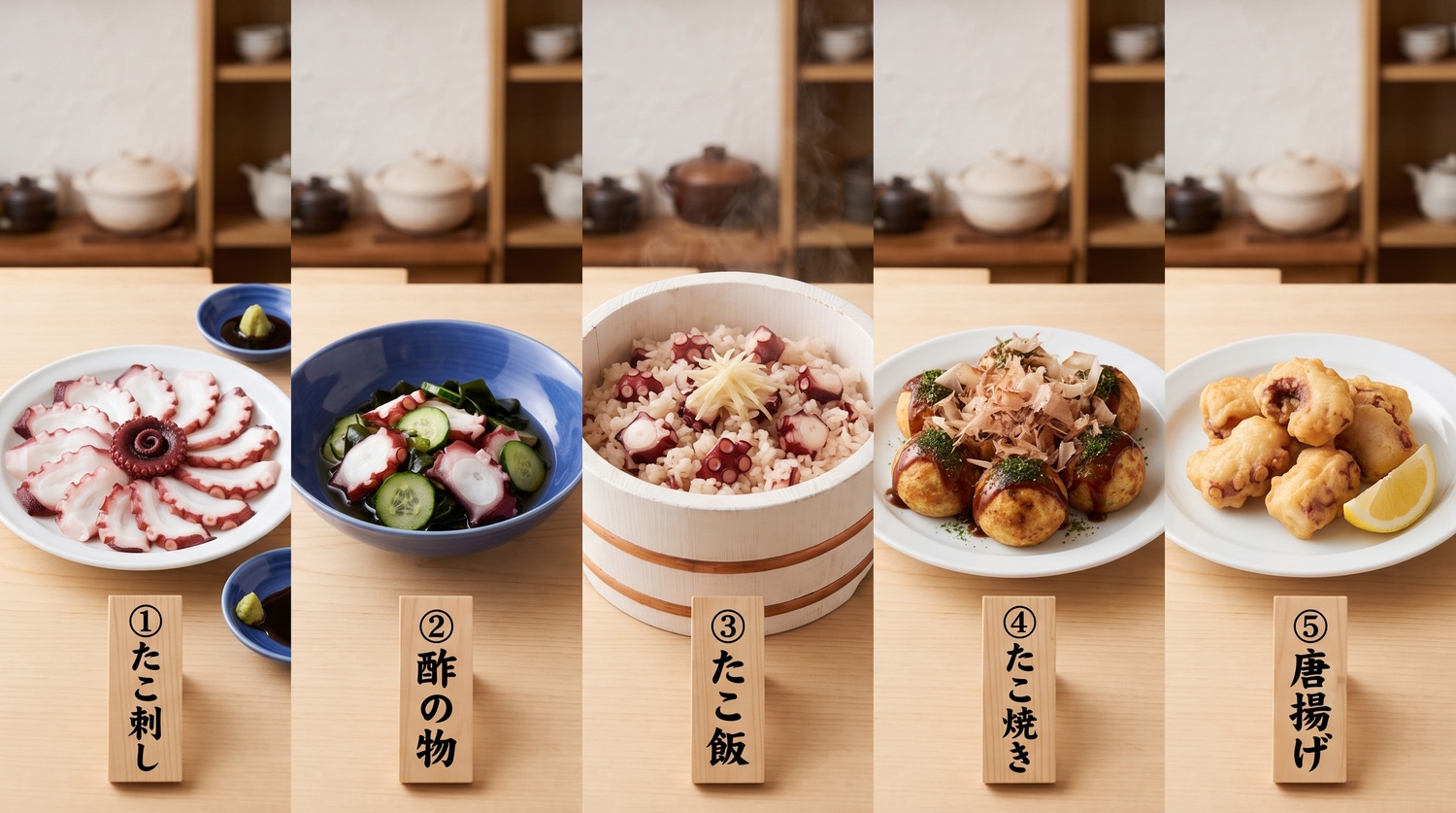 たこの楽しみ方（刺身からたこ飯まで）のコラージュ