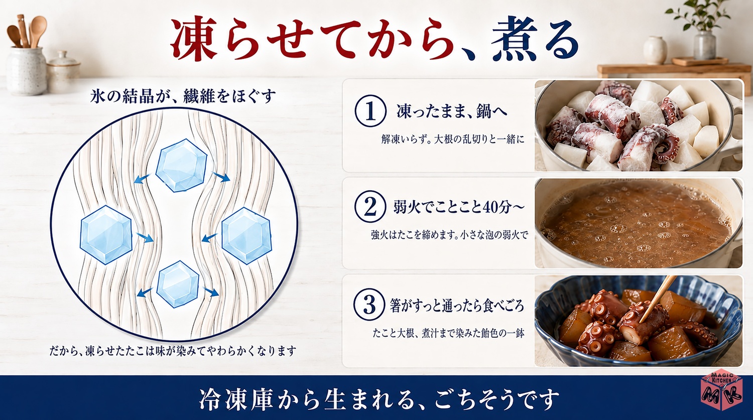 凍らせてから煮るたこのやわらか煮の図解（氷の結晶が繊維をほぐす）